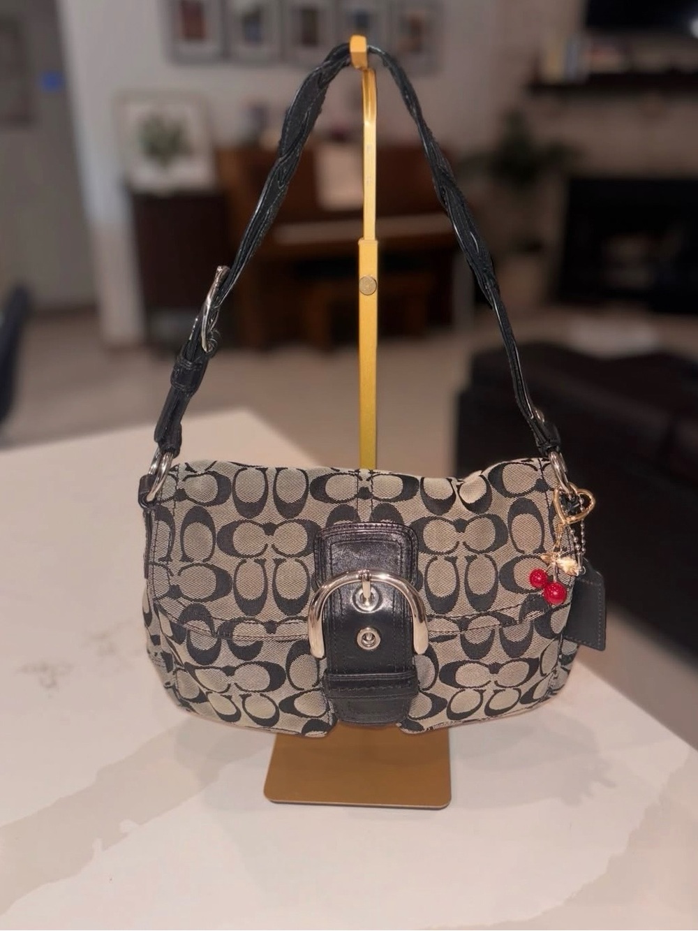 Coach Canvas Shoulder Bag in Khaki and Black with Charm